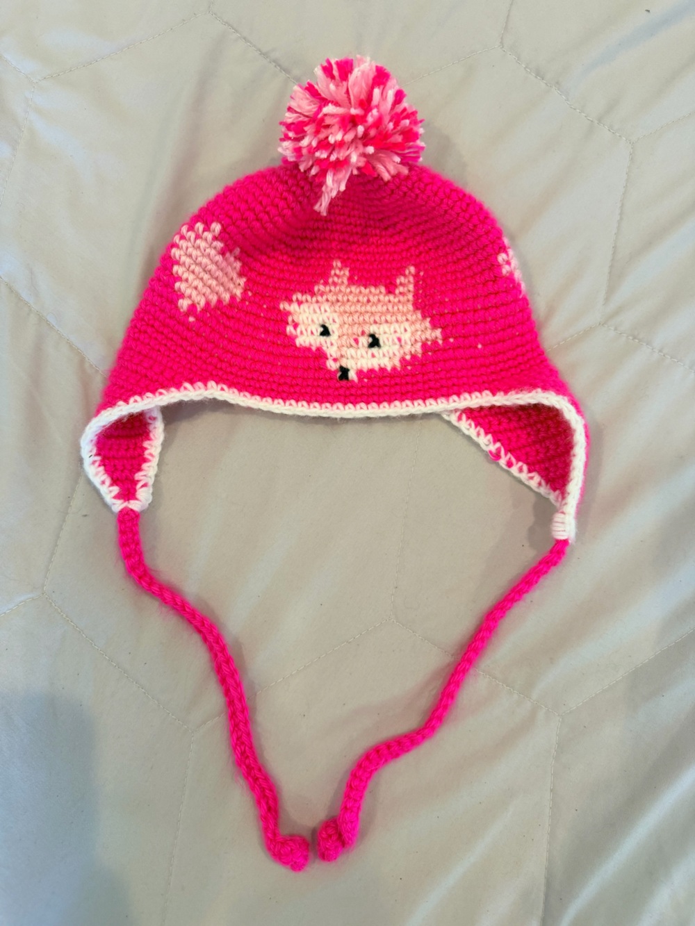 Handmade Bright Pink Kids Crochet Hat with Fox Motif